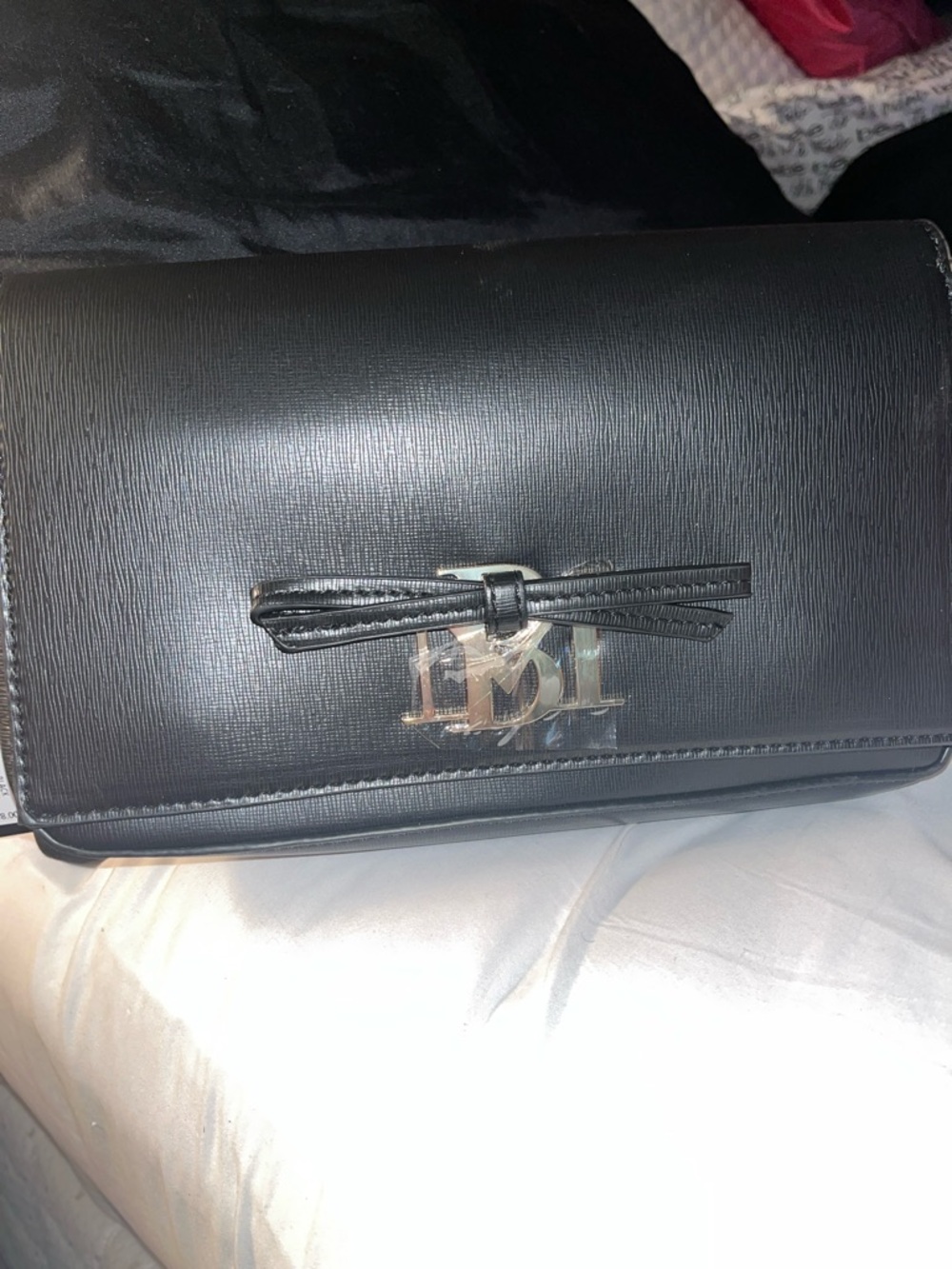 Badgley Mischka Black Leather Crossbody Bag with Bow and Logo Hardware